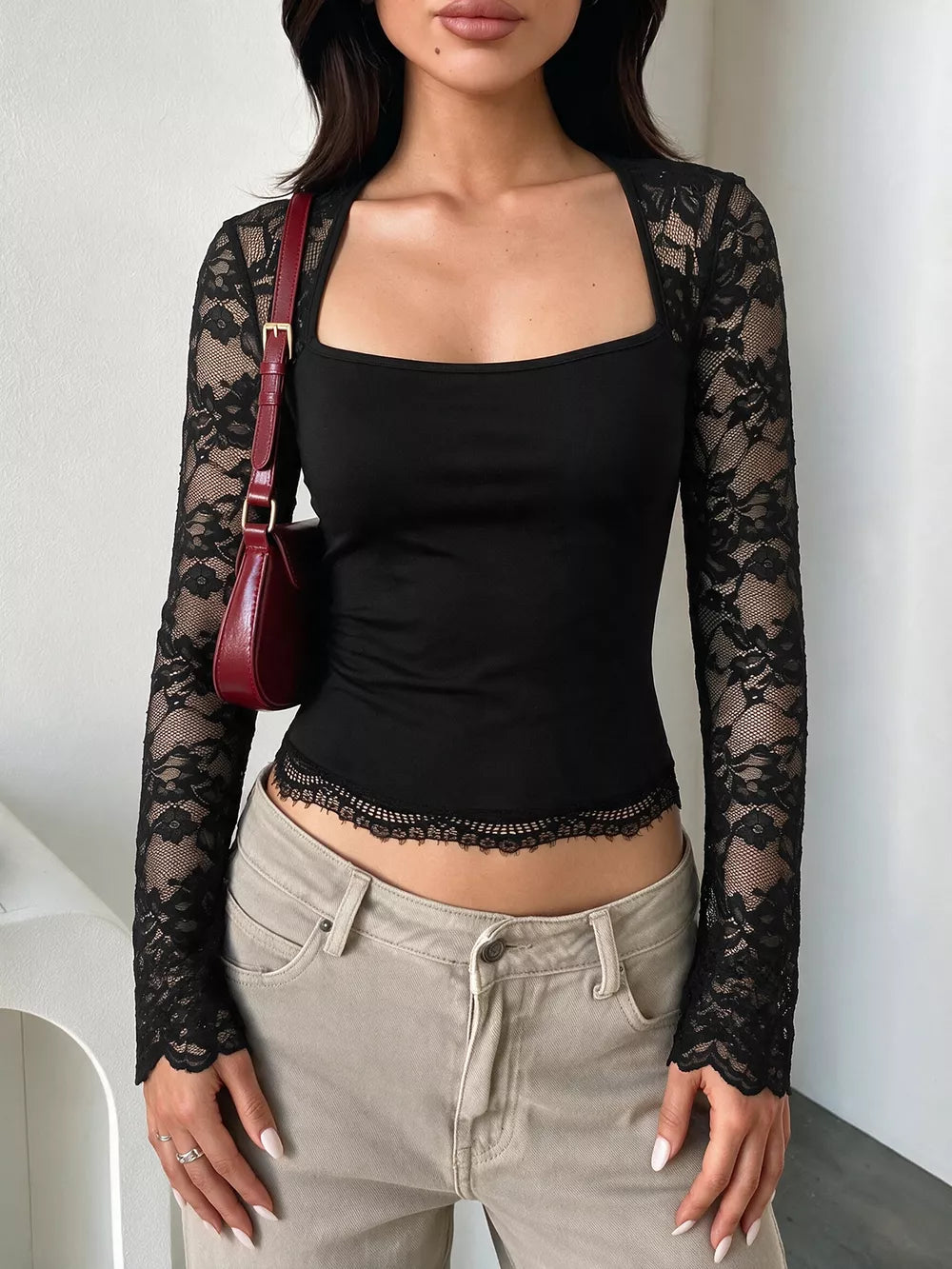 Lace Sleeve Square Neck Top in Black, close-up detail