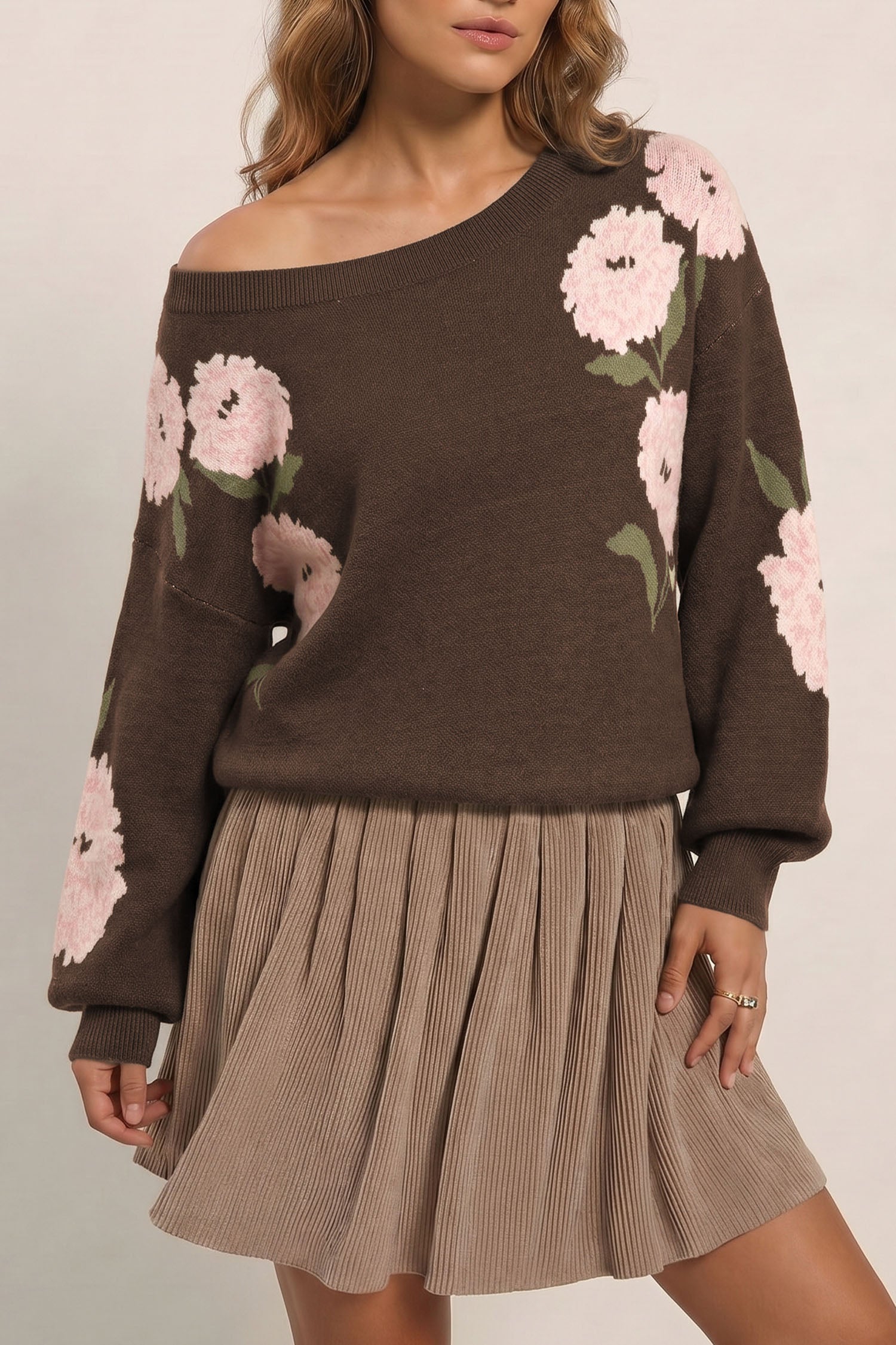 Floral Print Drop Shoulder Relaxed Sweater in Dark Brown, view 13