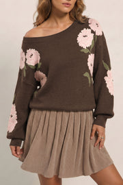 Floral Print Drop Shoulder Relaxed Sweater in Dark Brown, view 13
