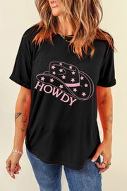 Black cotton t-shirt with rolled sleeves and a pink Howdy cowboy hat graphic.