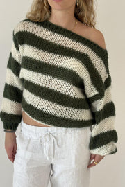 Off-shoulder striped knit sweater in Army Green with voluminous sleeves.