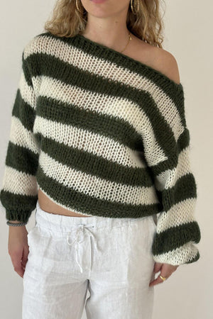 Off-shoulder striped knit sweater in Army Green with voluminous sleeves.