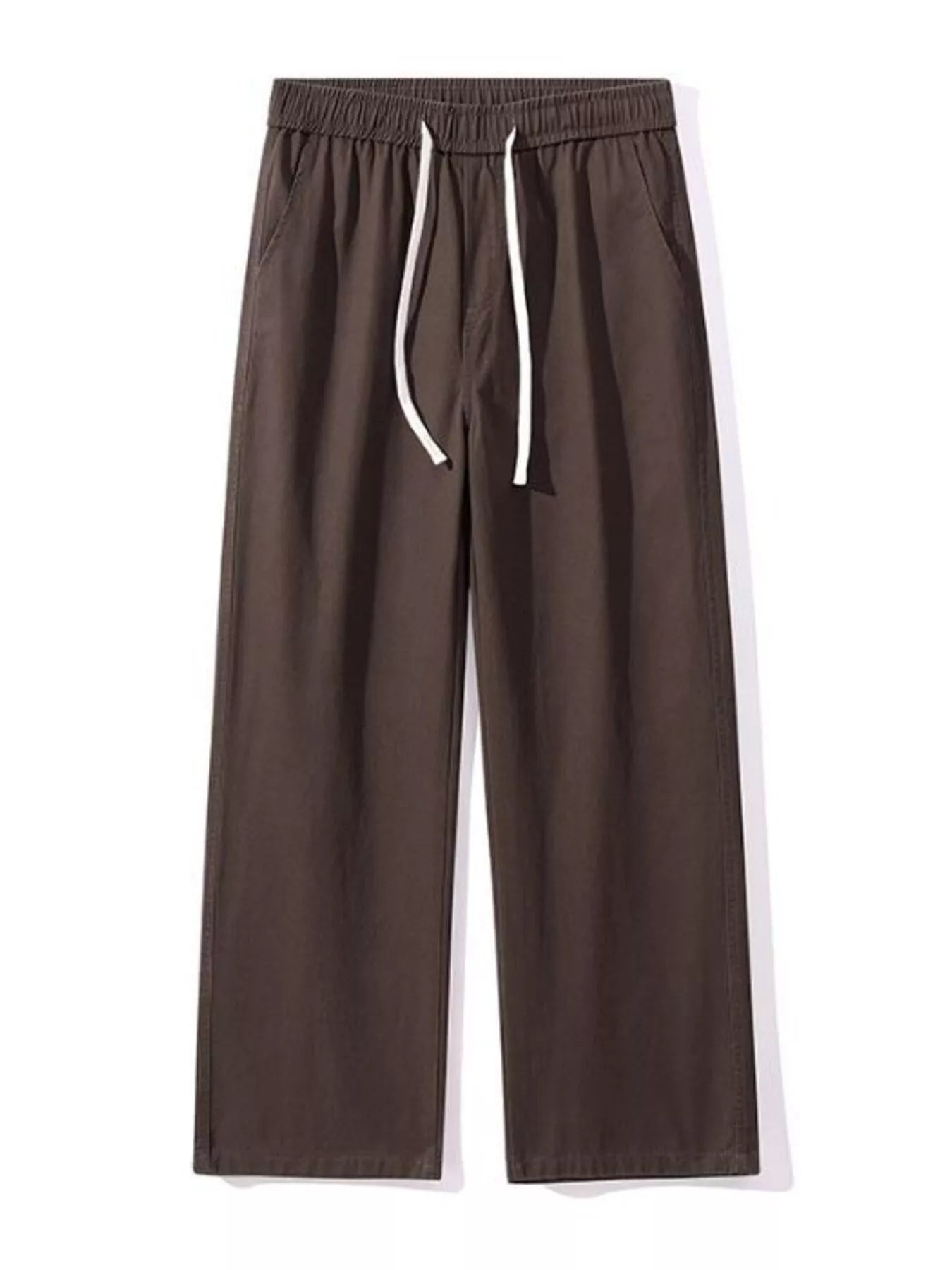 Relaxed fit drawstring pants in coffee brown with white drawstring and elastic waist.
