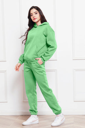 Mint green relaxed hoodie with front pocket and matching joggers