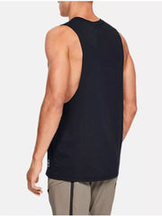 Black relaxed fit men's crew neck tank top with a small white logo detail on the hem.