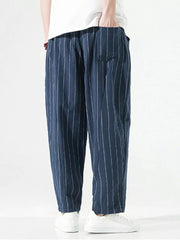 Navy striped relaxed fit sweatpants with drawstring and pockets.