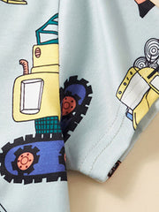 Toddler t-shirt with construction vehicle print in blue, yellow, and black.