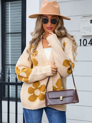 Tan acrylic floral intarsia open-front knit cardigan with v-neck