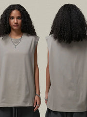 Sleeveless shoulder-seam tank top in gray, with a crew neck and relaxed fit.