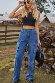 Relaxed wide leg denim cargo pants in medium wash blue with multiple utility pockets.