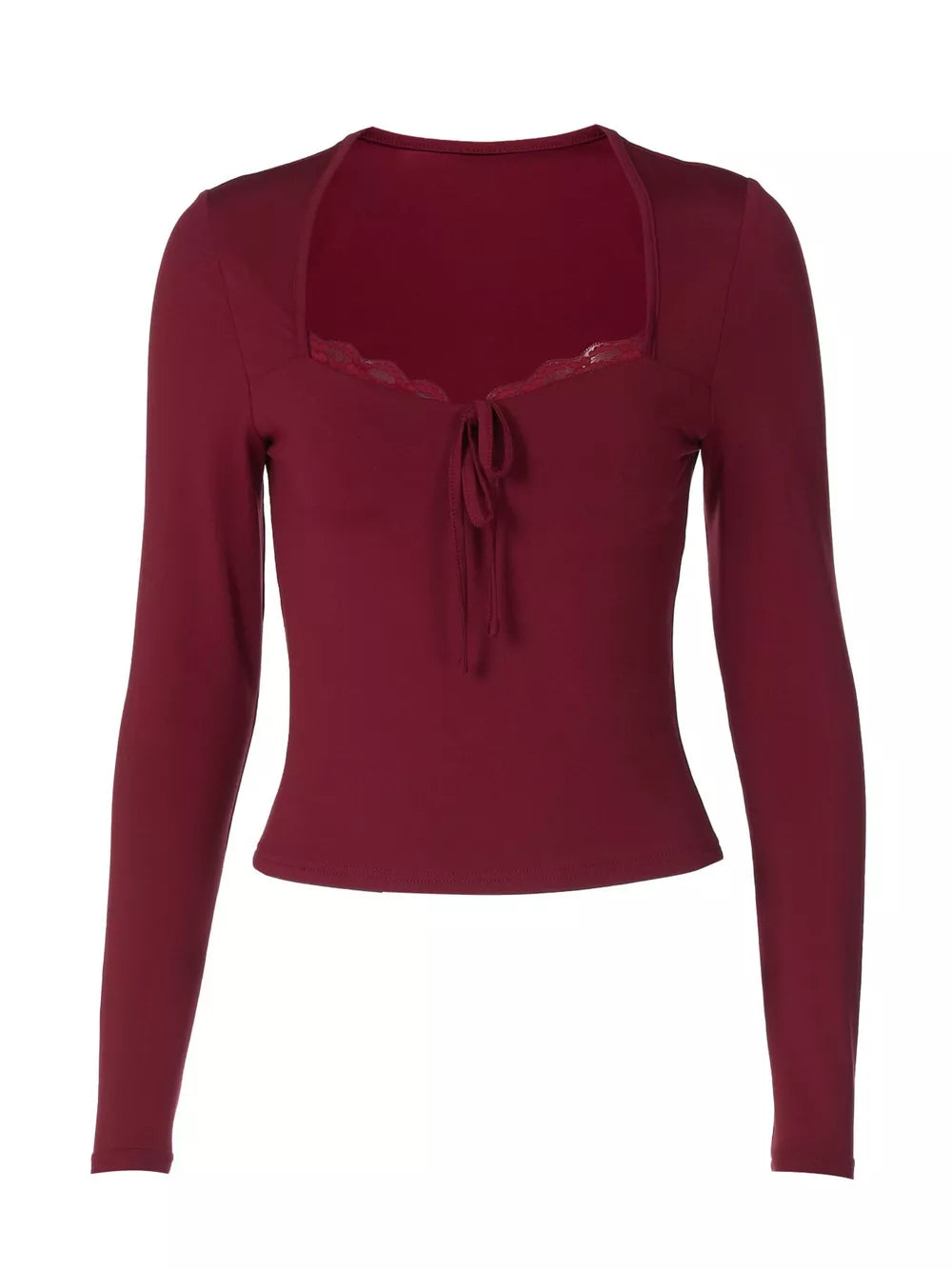 Wine red long sleeve tee with lace trim neckline and tie detail.