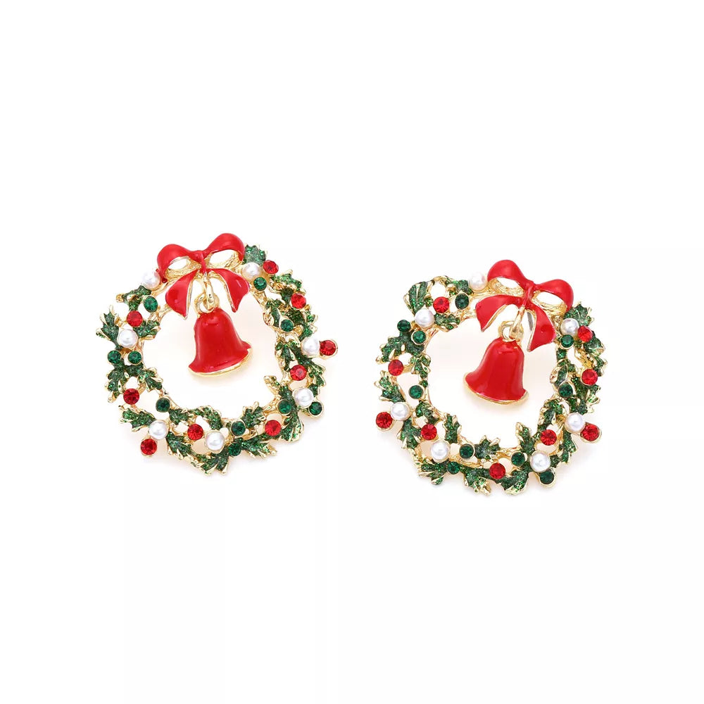Festive wreath dangle earrings with red bells, bows, and red and pearl accents.