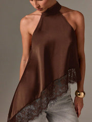 Brown halter camisole with lace trim and asymmetrical hem