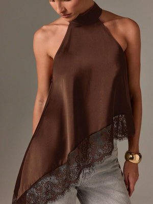 Brown halter camisole with lace trim and asymmetrical hem