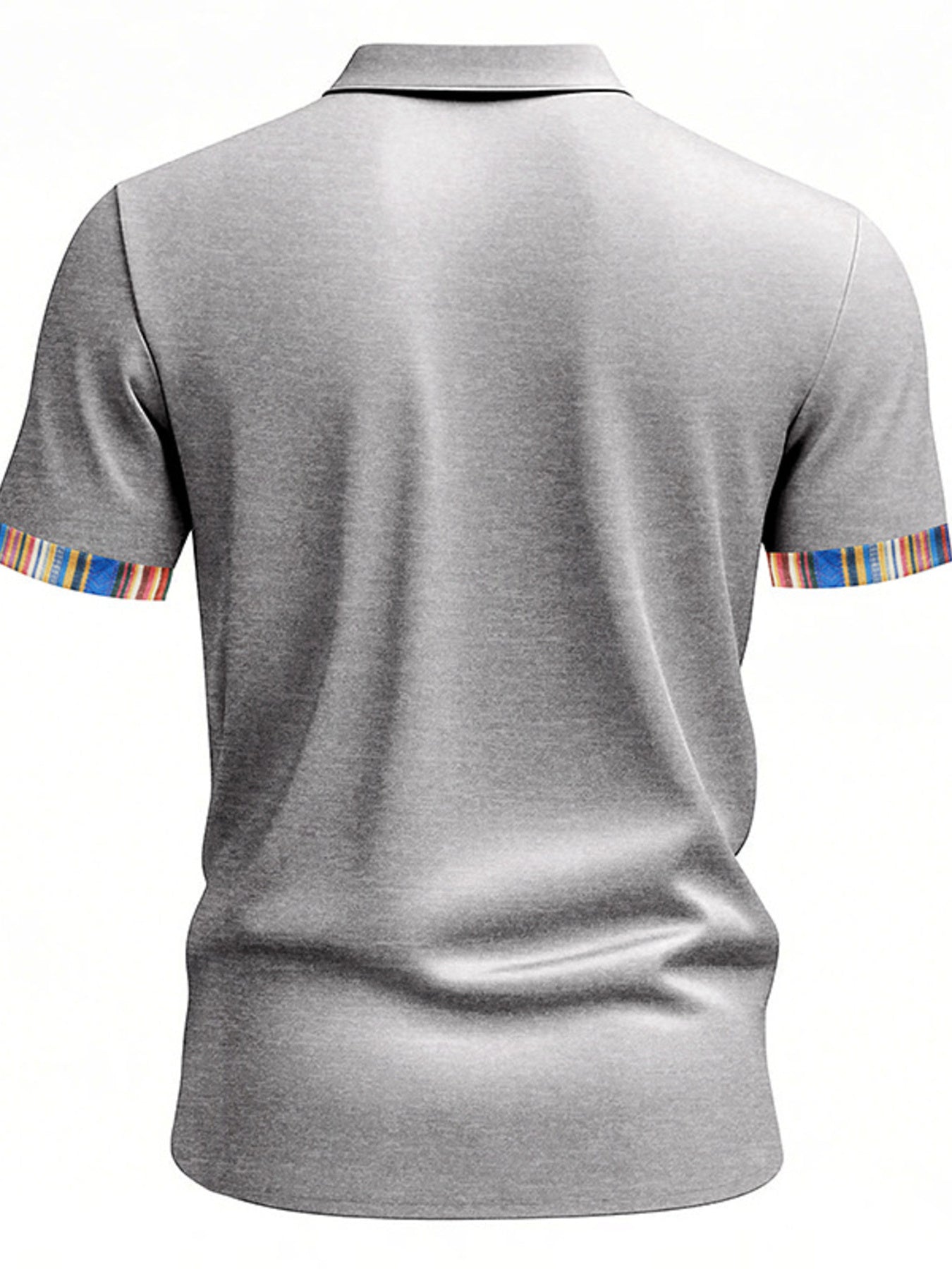 Men's light gray cotton short sleeve polo shirt with colorful striped trim on sleeves.