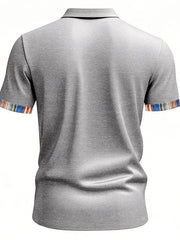 Men's light gray cotton short sleeve polo shirt with colorful striped trim on sleeves.