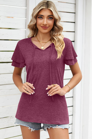 Burgundy flutter sleeve henley tee with tie-neck detail and layered short sleeves.