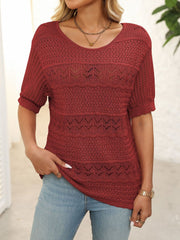 Burgundy knit sweater with openwork pattern and scoop neck