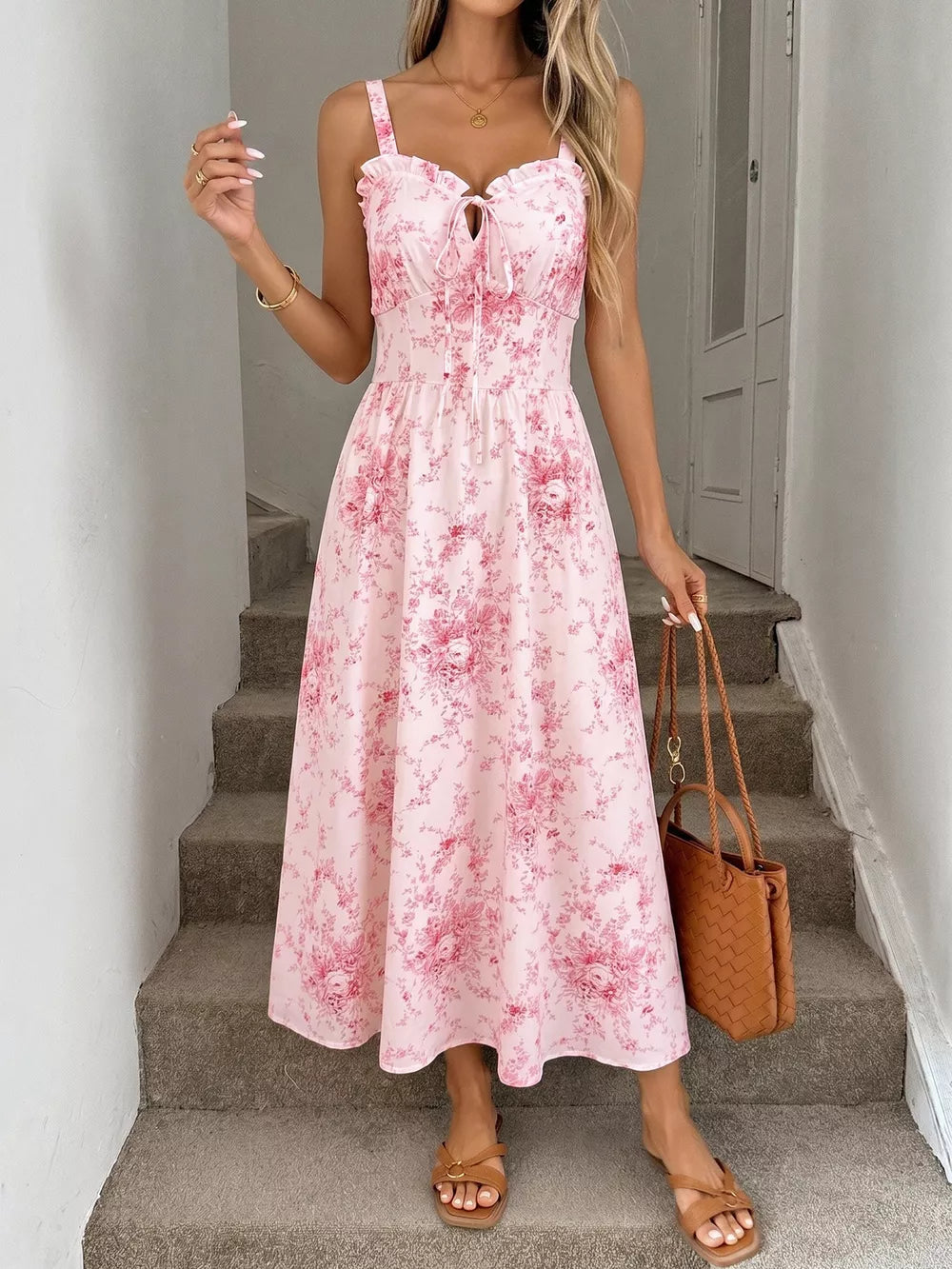 Pink floral cami midi dress with frill neckline and tie detail