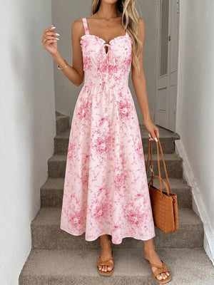 Pink floral cami midi dress with frill neckline and tie detail
