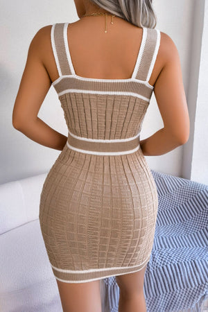 Camel ribbed knit mini dress with white stripe detail and square neckline.
