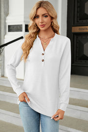 White waffle knit henley shirt with button placket and long sleeves