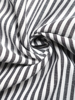 Striped cotton blend romper fabric detail, black and white vertical stripes.