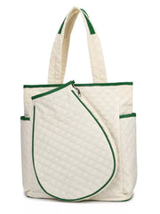 Off-white quilted sports racket backpack with green trim and dual straps.