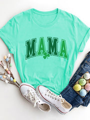 Aqua Mama graphic t-shirt with shamrock detail, crew neck, short sleeves.
