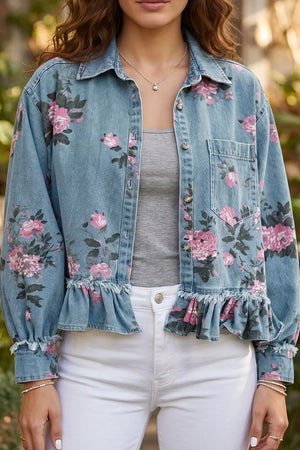 Floral Print Denim Jacket With Ruffled Hem, back view