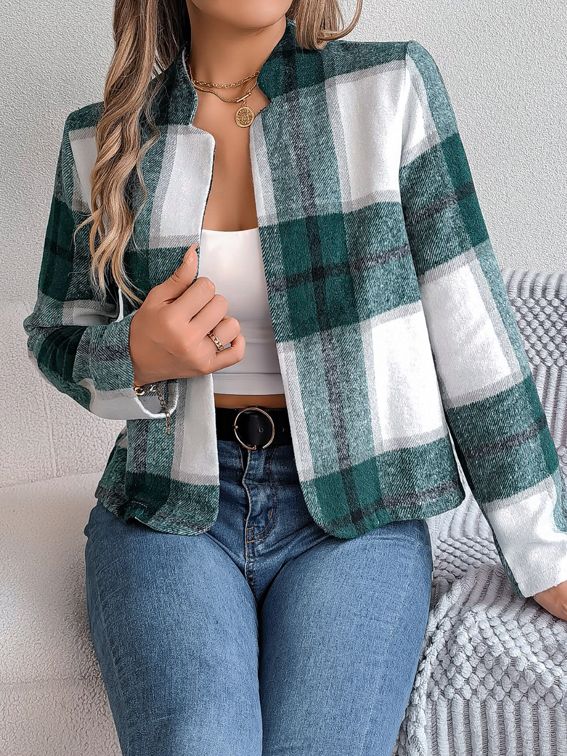 Collarless plaid cropped jacket in dark green and white, with a relaxed fit.