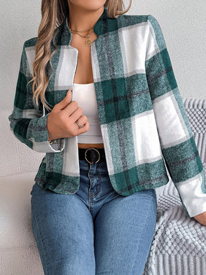 Collarless plaid cropped jacket in dark green and white, with a relaxed fit.