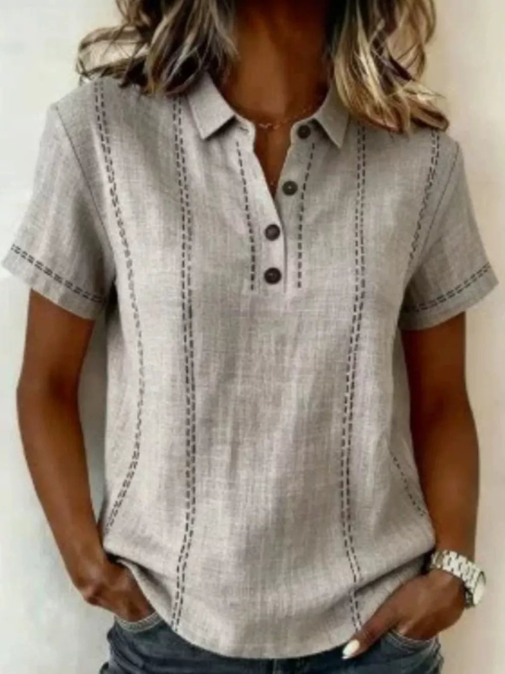 Button Detail Short Sleeve Blouse Plus Size in Gray, editorial view