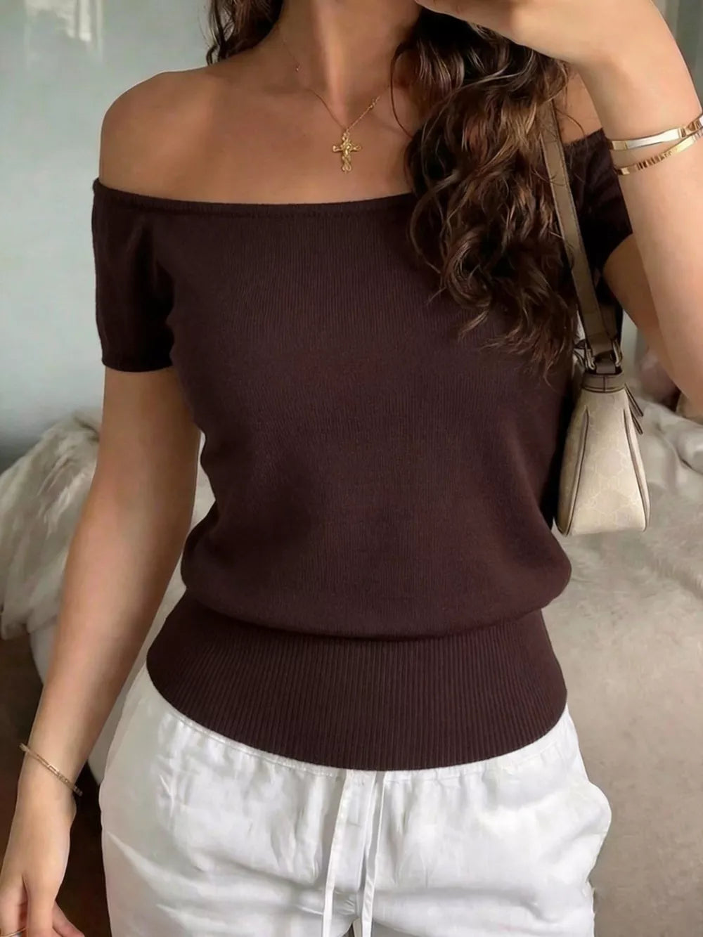 Off-shoulder Short Sleeve Knit Top in Brown, side view