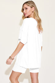 White bamboo loungewear set with relaxed fit tee and shorts.