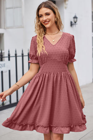 Dusty Pink textured dot puff sleeve fit-and-flare dress with ruffled hem