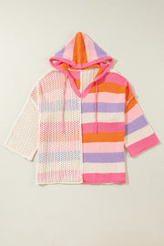 Colorblock knit hoodie with crochet and striped panels, V-neck, and drawstring.