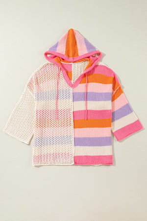 Colorblock knit hoodie with crochet and striped panels, V-neck, and drawstring.