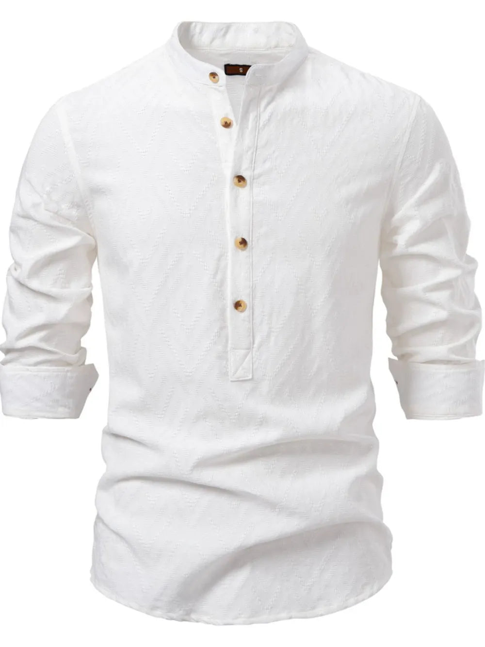 White geo-embossed henley shirt with mandarin collar and buttoned placket.