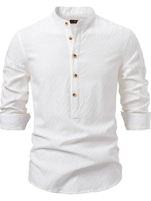 White geo-embossed henley shirt with mandarin collar and buttoned placket.