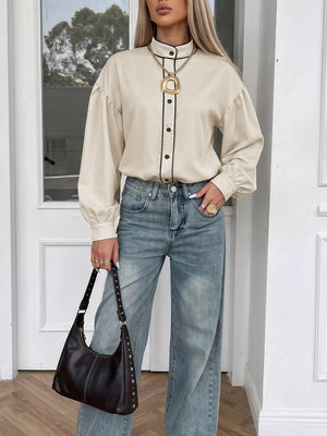 Contrast Trim Long Sleeve Shirt in Beige, alternate angle