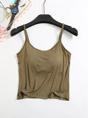 Army green adjustable cami with thin spaghetti straps and a scoop neckline.