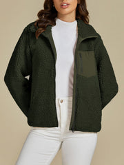 Dark Green Sherpa Zip-Up Jacket with patch pocket and zip pocket detail
