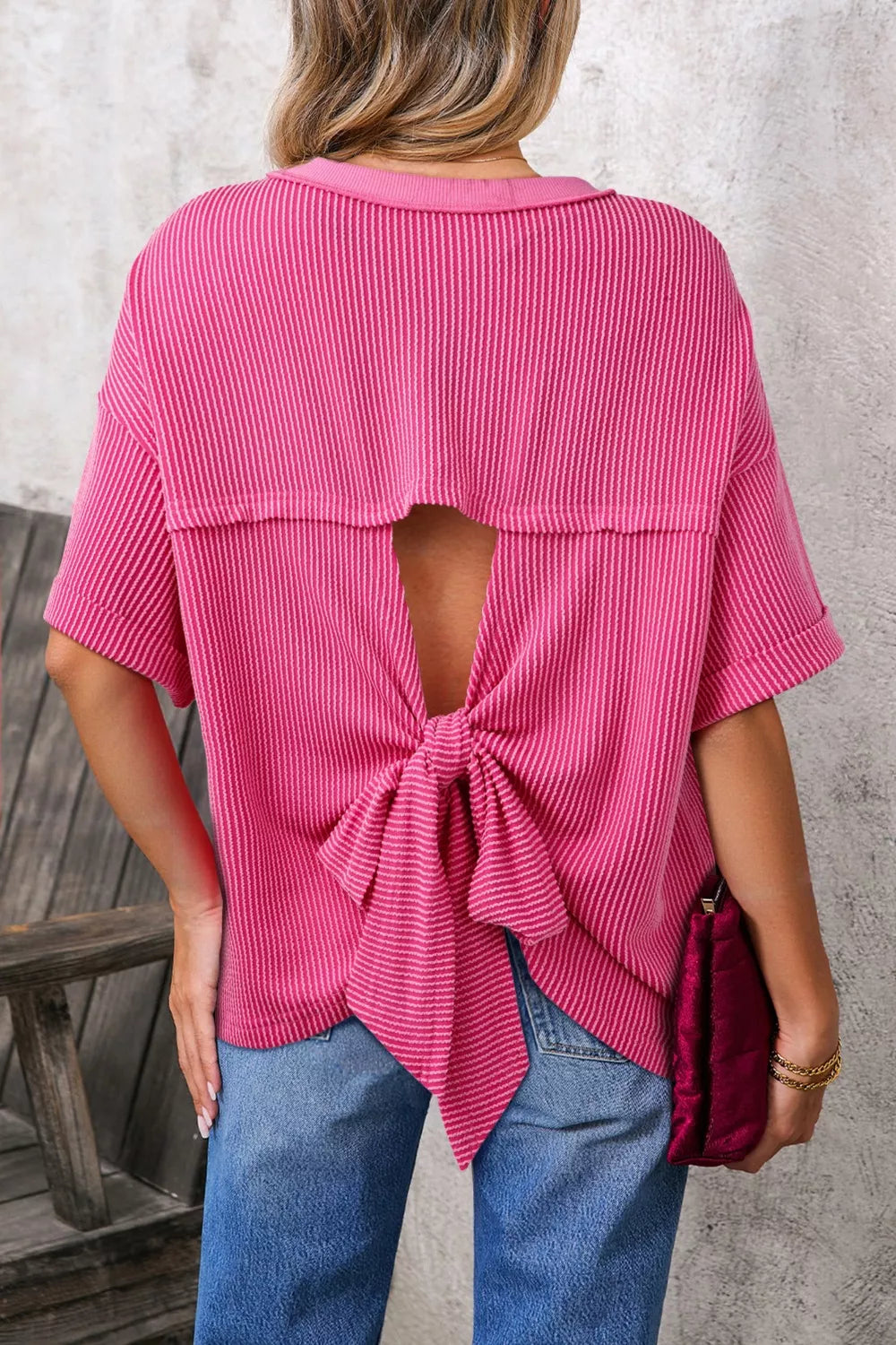 Pink ribbed backless maternity t-shirt with bow detail
