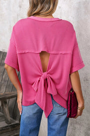 Pink ribbed backless maternity t-shirt with bow detail