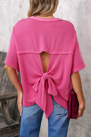 Pink ribbed backless maternity t-shirt with bow detail