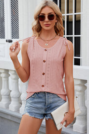 Blush pink eyelet button-down tank top with tie shoulders