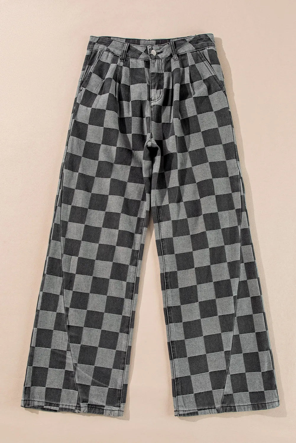 Checkerboard denim wide leg trousers in dark gray with a relaxed fit and flared hem.