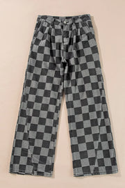 Checkerboard denim wide leg trousers in dark gray with a relaxed fit and flared hem.