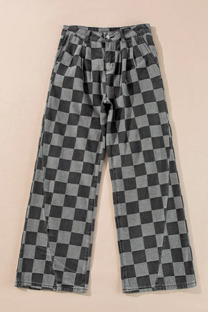 Checkerboard denim wide leg trousers in dark gray with a relaxed fit and flared hem.